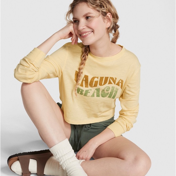 Victoria’s Secret PINK Laguna Beach Yellow Crop Top Premium Cotton Long-Sleeve T - Picture 4 of 6